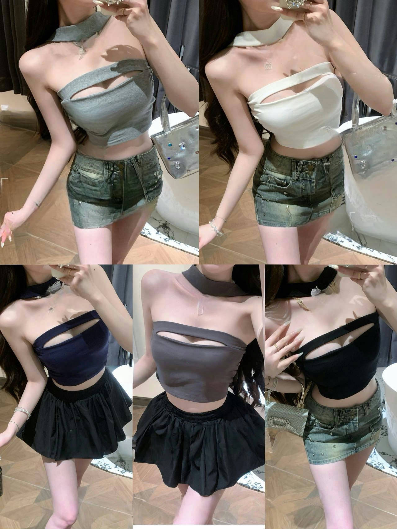 古奈家带胸垫挂脖抹胸辣妹上衣纯欲无钢圈显瘦