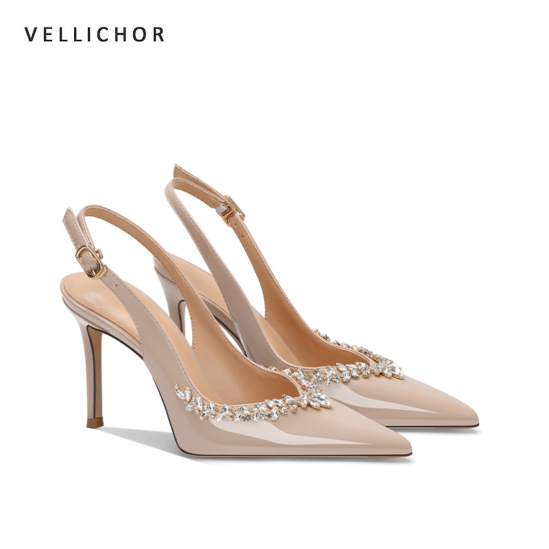 裸色水钻高跟鞋尖头浅口细跟2025夏季爆款法式气质高级感包头凉鞋