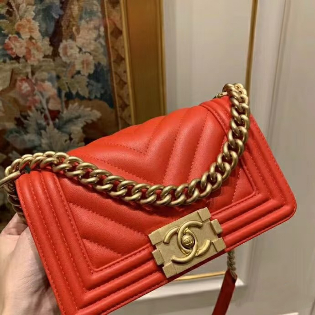 95新 Chanel/香奈儿 全原大全套橘红leboy 小号 22开带卡