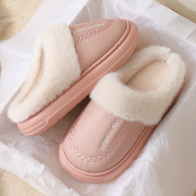 PU皮面防水棉拖鞋男女冬季2025新款加绒加厚皮毛一体毛绒棉拖男nu