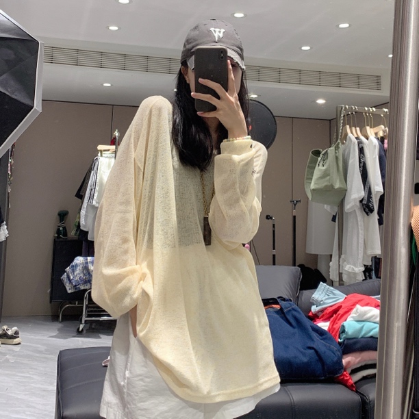 （老三）韩版长袖薄款休闲百搭宽松慵懒风套头中长V领防晒毛针织衫