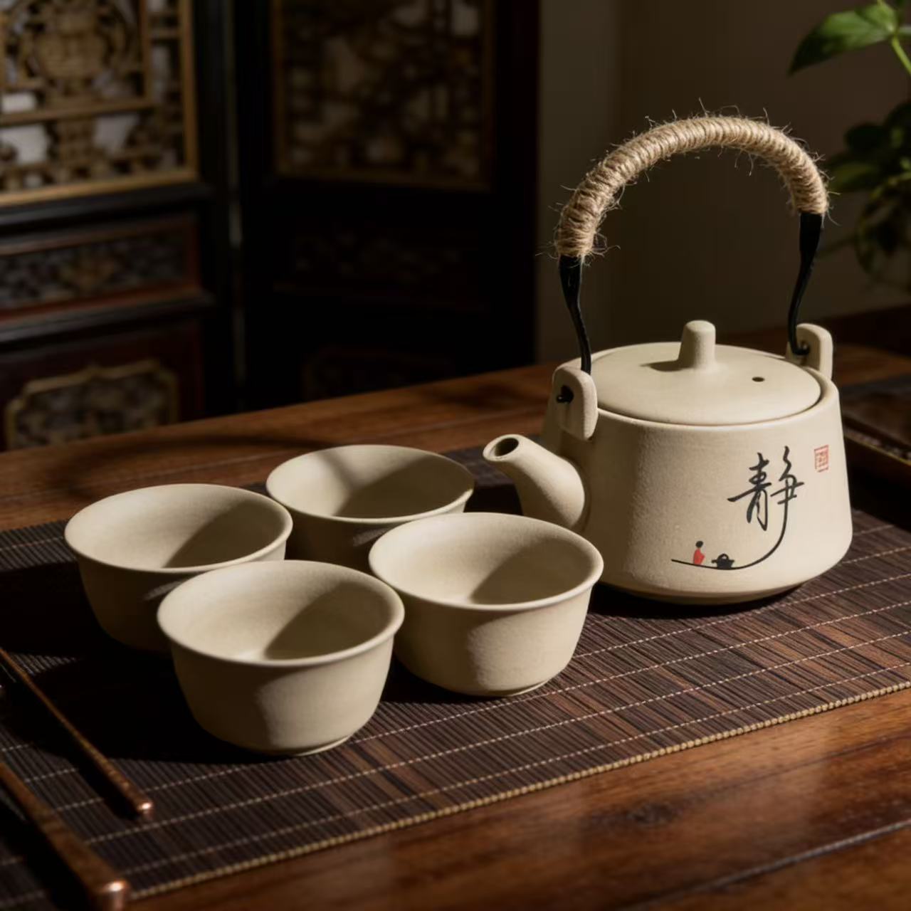 粗陶静字提梁壶+4杯-0089-0104