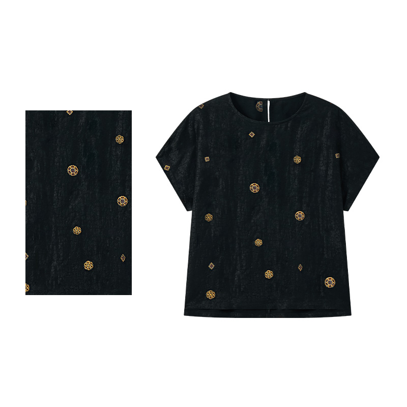 100桑蚕丝黑龟刺绣短袖夏季刺绣T恤Y50908