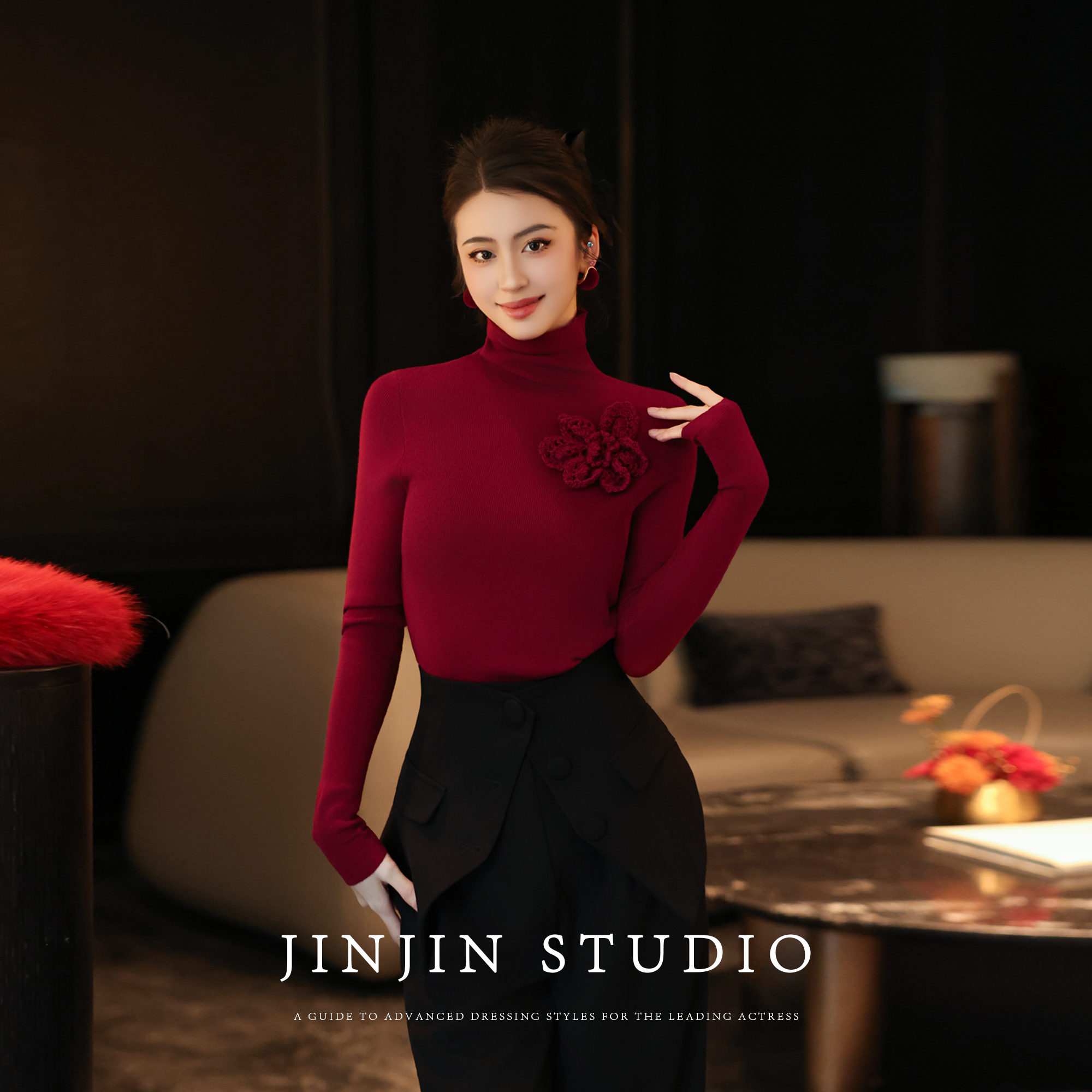 MD进进原创【冬日玫瑰】2025冬季轻奢气质慵懒风玫瑰打底羊毛衫上衣