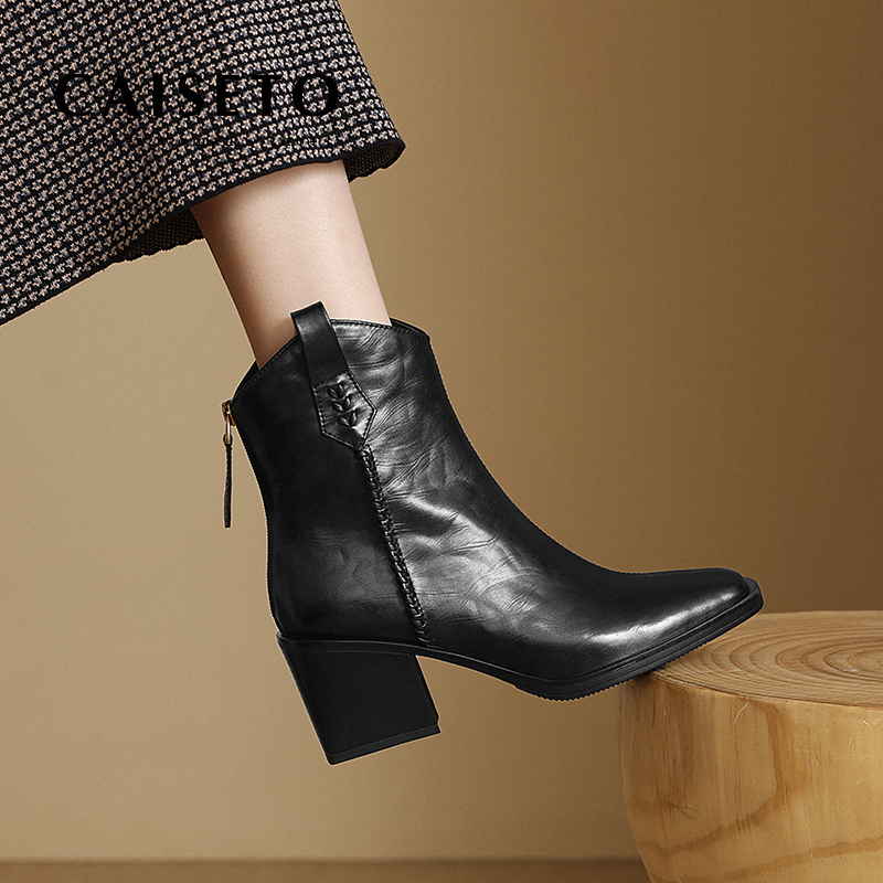 头层羊皮/5cm方头秋冬复古女马丁靴高跟中跟百搭真皮时尚5X179