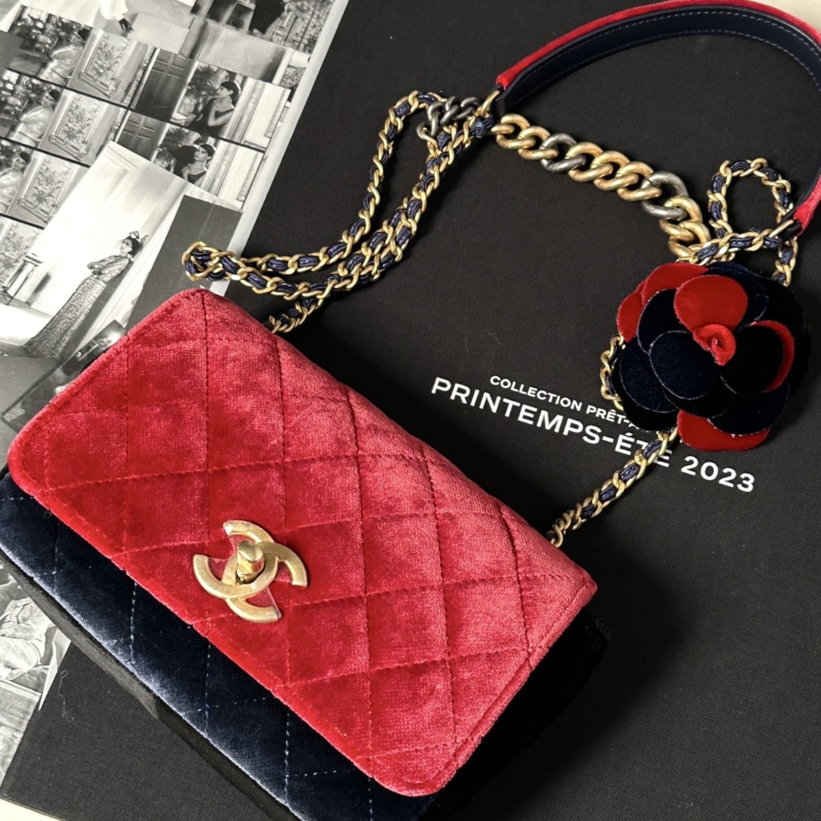 95新 Chanel/香奈儿 夏七中古/大都会系列山茶花丝绒单肩包