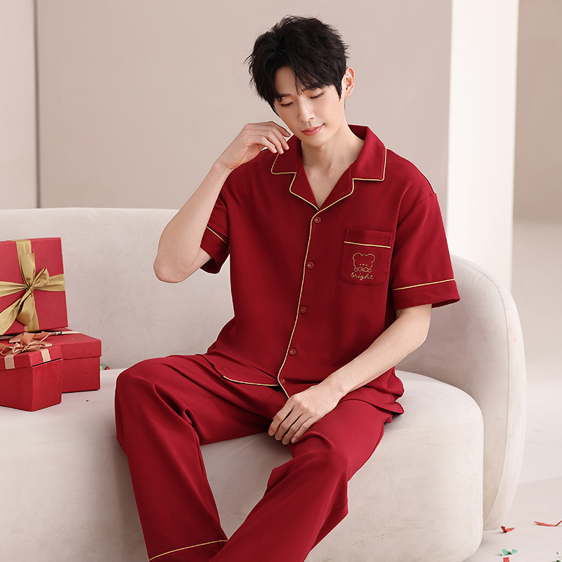睡衣男款夏季纯棉开衫短袖长裤红色本命年结婚2025新款蛇年家居服