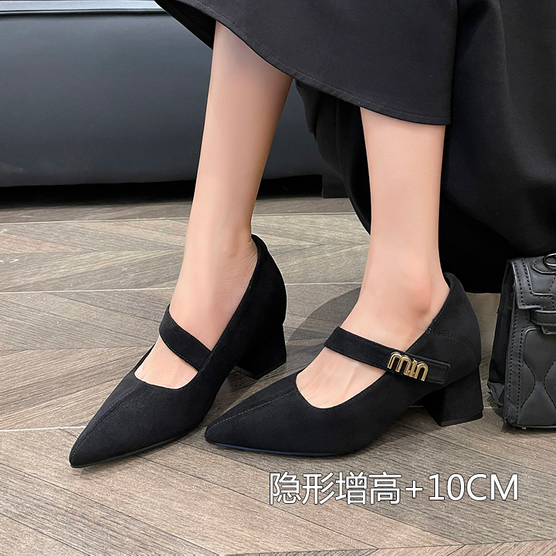 2025新款时尚粗跟轻职风法式搭扣尖头单鞋女内增高黑色小码高跟鞋