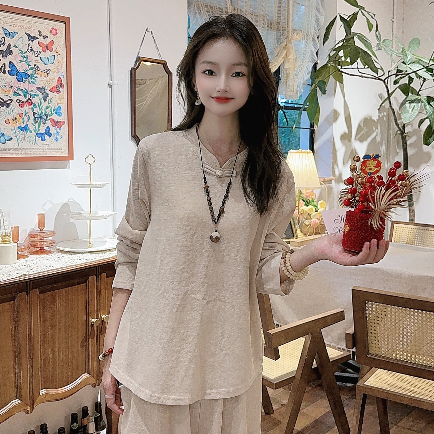 新中式立领盘扣弹力舒适透气纯色小衫女秋季新款遮肉显瘦打底衫