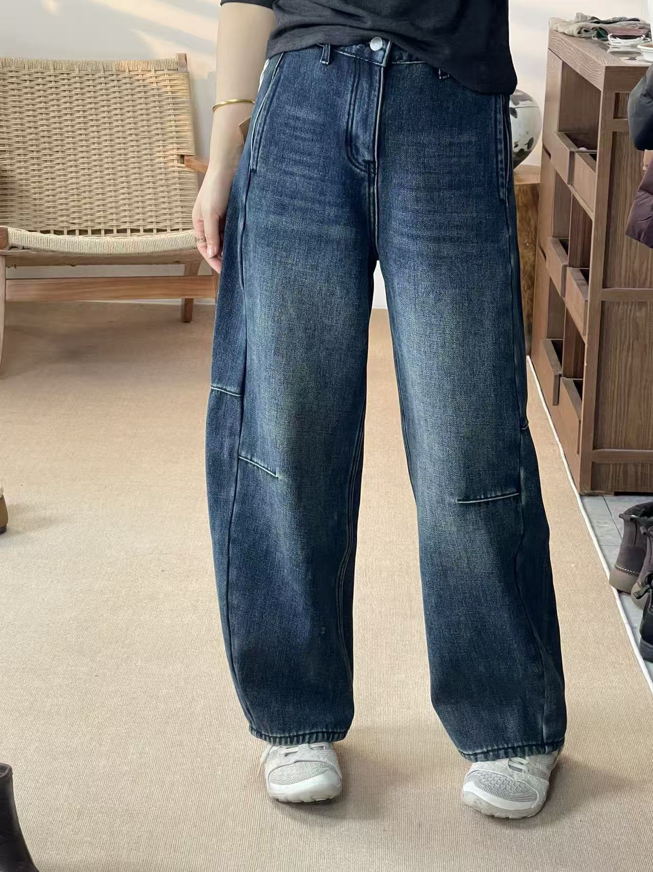 稻子家 冬季爆款加绒保暖半松紧腰直筒休闲高腰牛仔裤85086