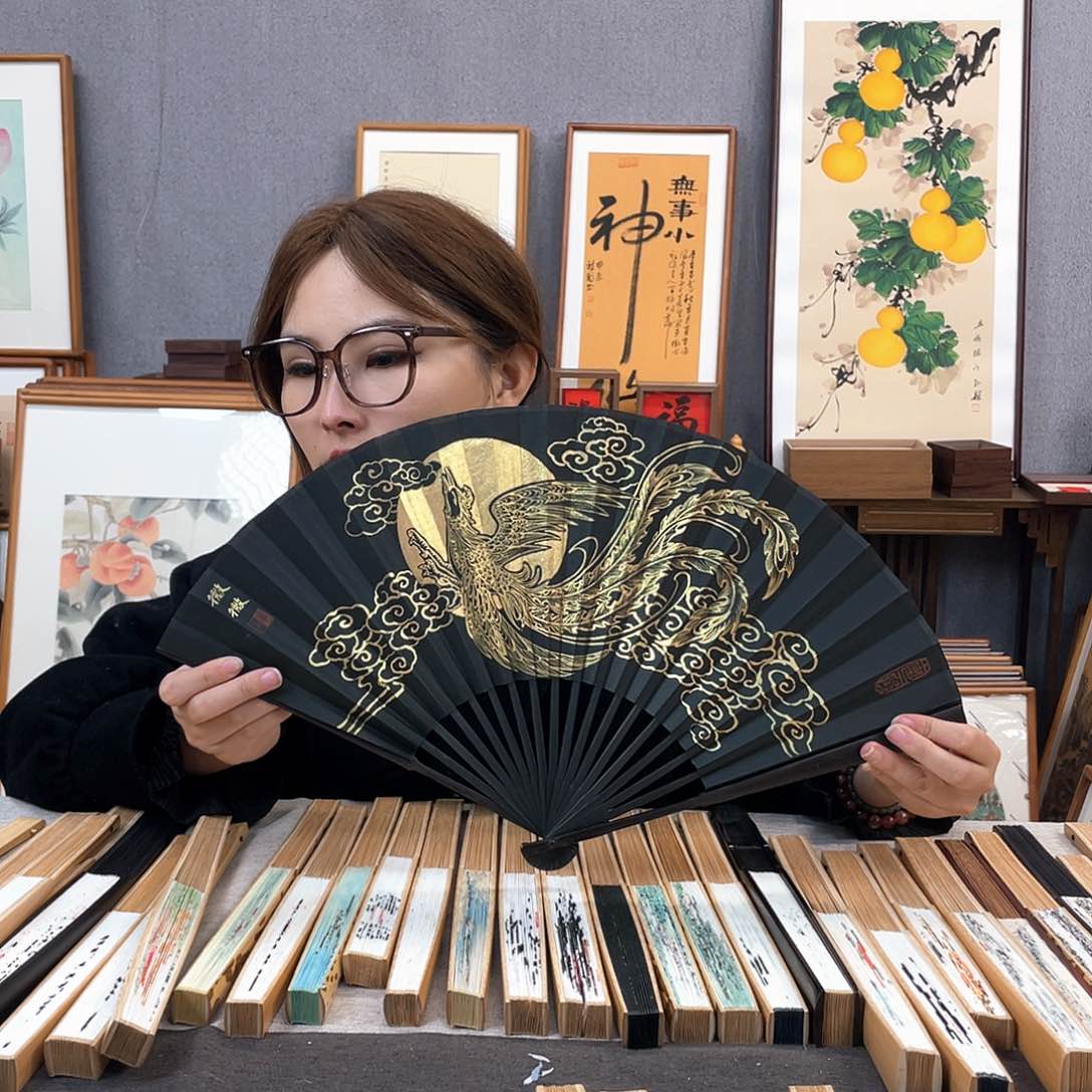 国画95寸黑檀-纯手绘-文玩扇骨（默认粘好）