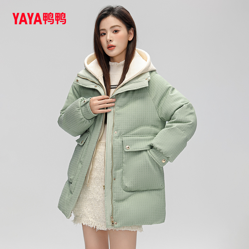 YAYA/鸭鸭中长款羽绒服女秋冬时尚连帽假两件保暖外套YE3B624823W