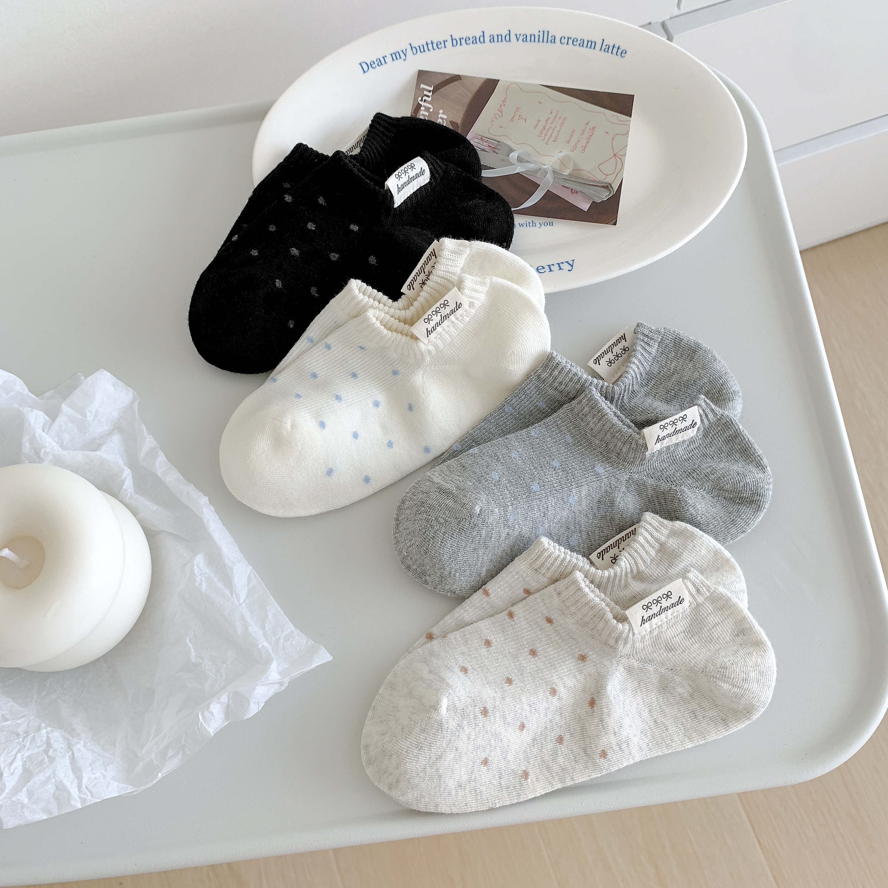 【爆款】夏季超薄韩系布标浅口船袜精梳棉百搭可爱波点无骨吸汗短袜
