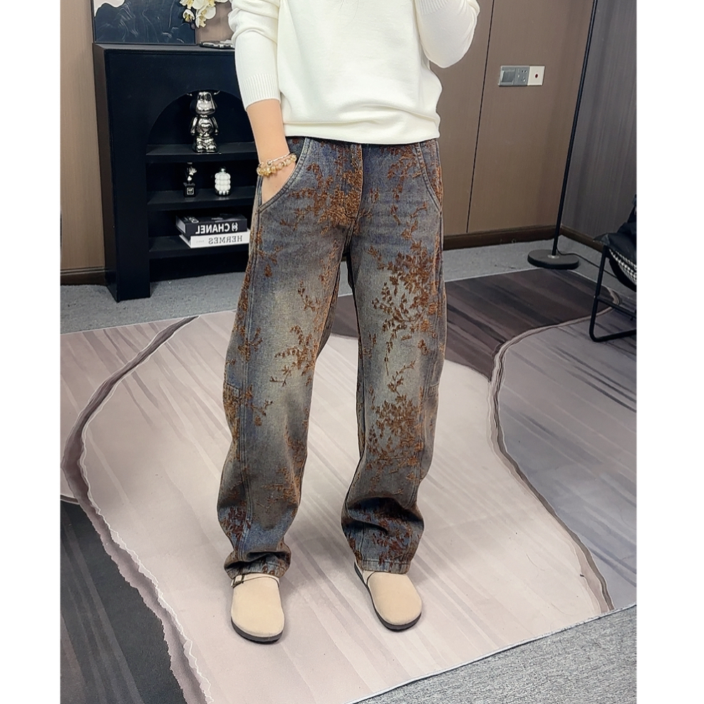 秋冬提花植绒刺绣复古潮流老钱穿搭牛仔裤时尚弯刀直筒休闲裤