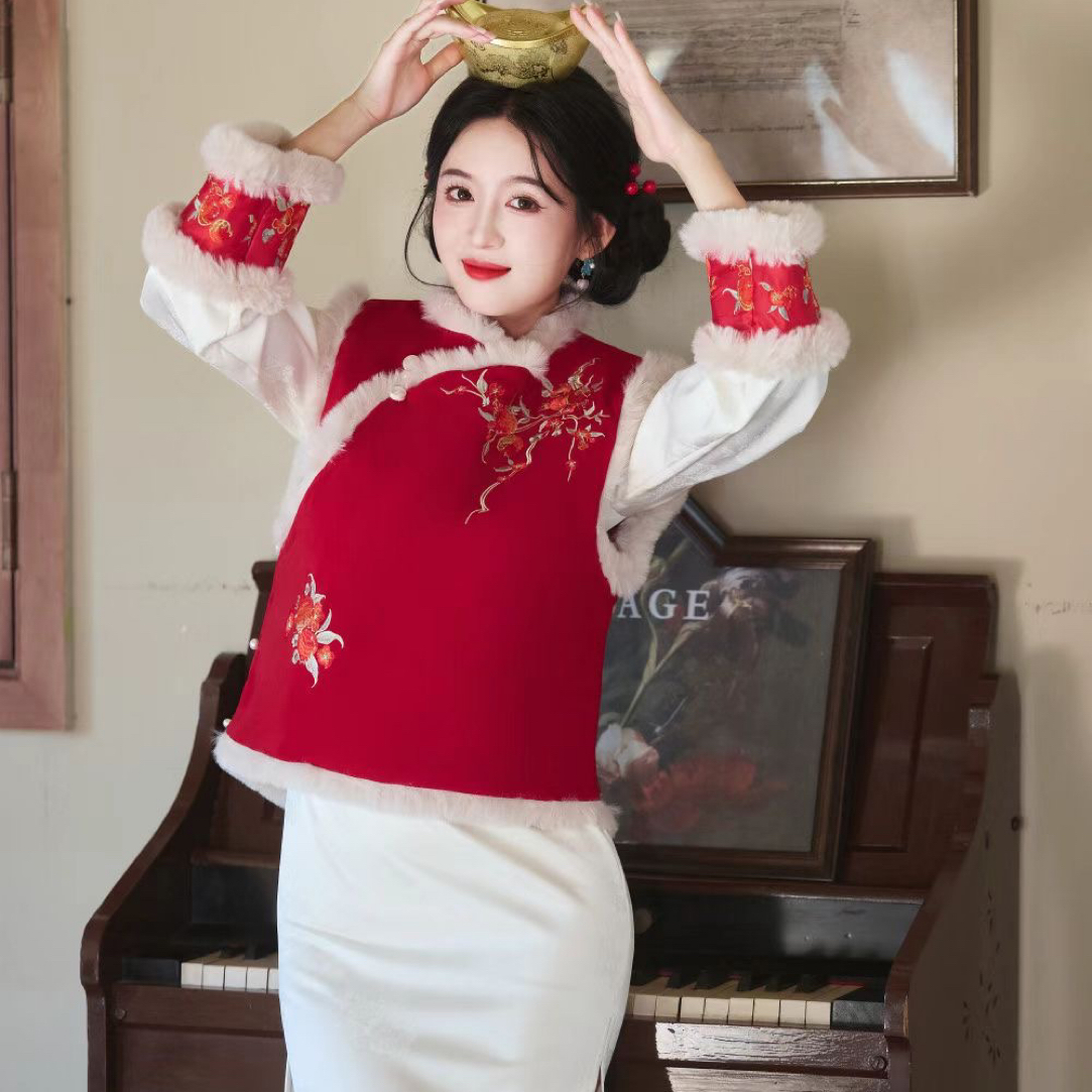 「如意」红色加绒马甲套装搭配旗袍结婚新中式少女拜年服醋酸缎