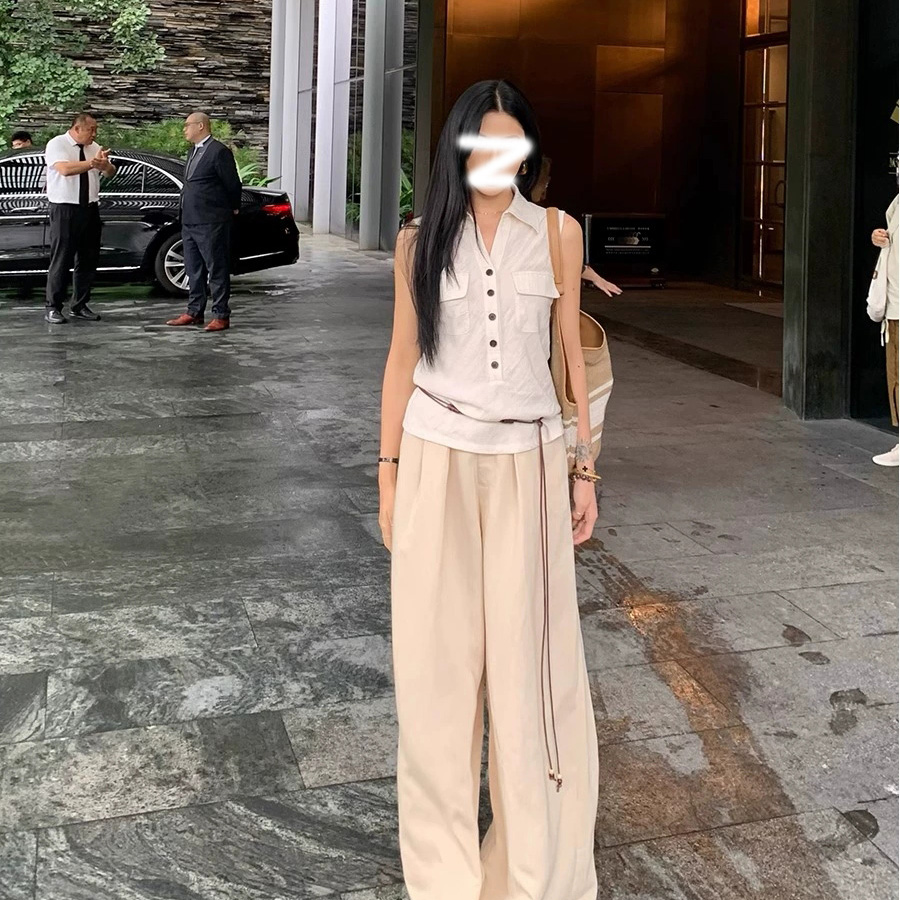 【秀珠小姐】老钱风亚麻无袖夏季马甲背心衬衫黑白条纹半身裙套装女