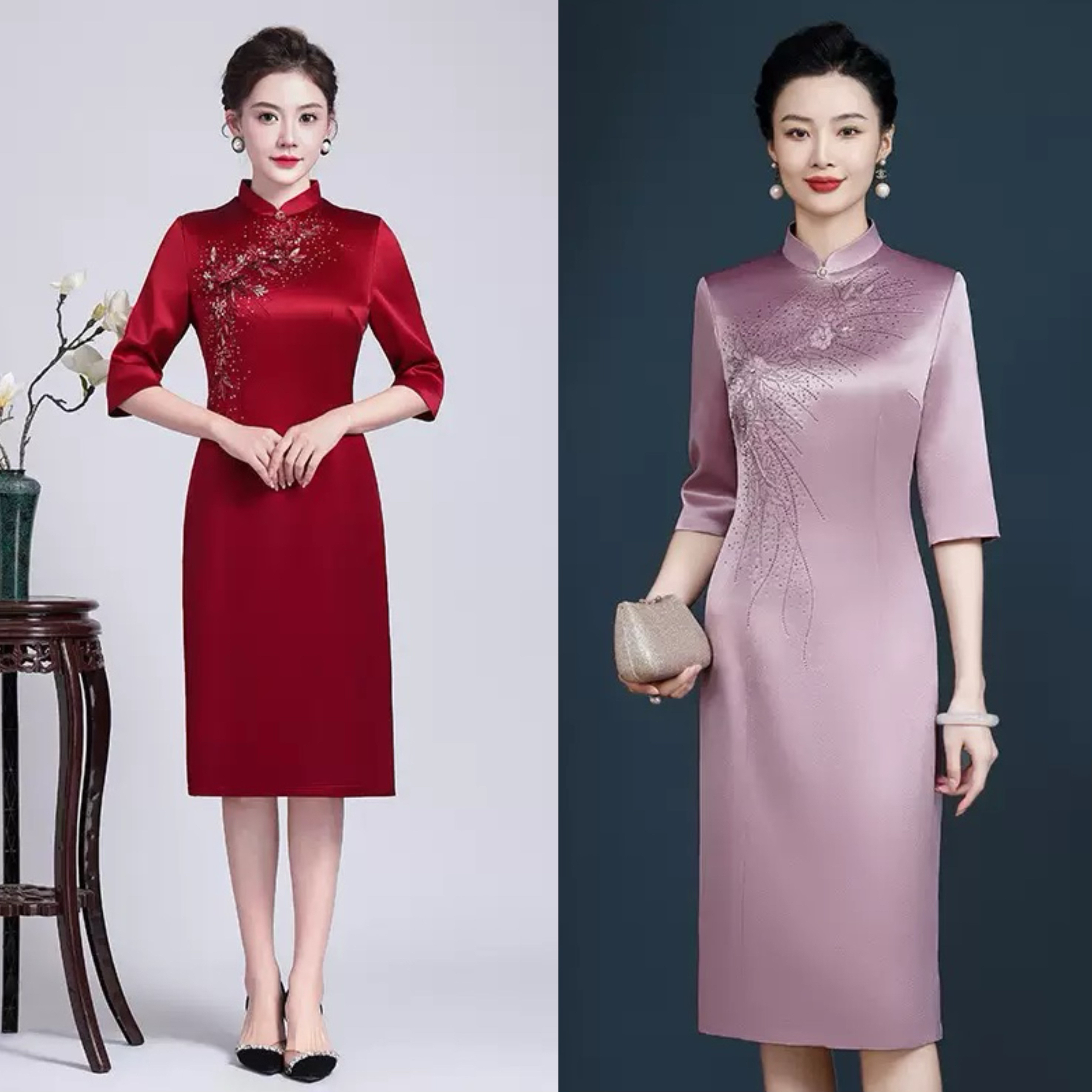 【高定礼服裙】不开叉改良旗袍裙中小个喜妈妈婚宴礼服喜婆婆敬酒Y