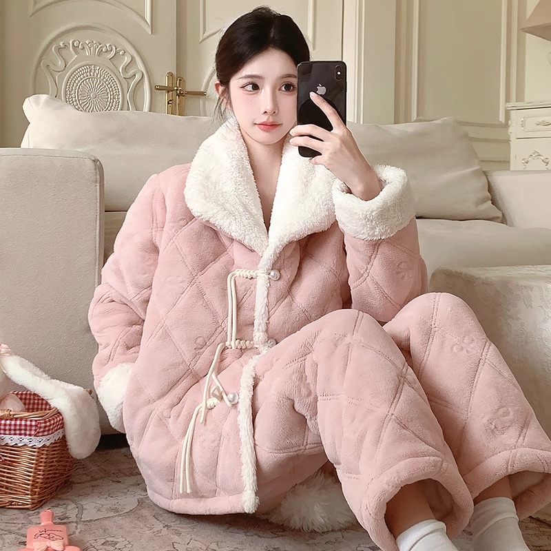 2025新款国风三层夹棉珊瑚绒睡衣秋冬款女加绒厚甜美可外穿家居服