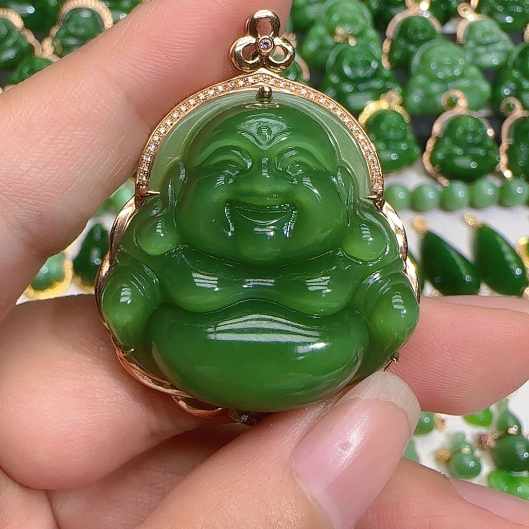 和田玉（碧玉）吊坠(不含链)18K金镶嵌