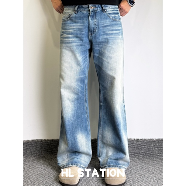 HLSTATION “2021M版型”美式复古水洗牛仔裤宽松直筒蓝色