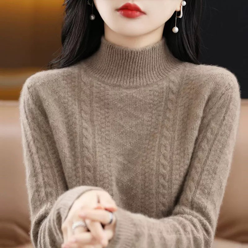 鄂尔都市牧王半高领羊绒衫女厚款宽松大码针织毛衣时尚保暖打底衫