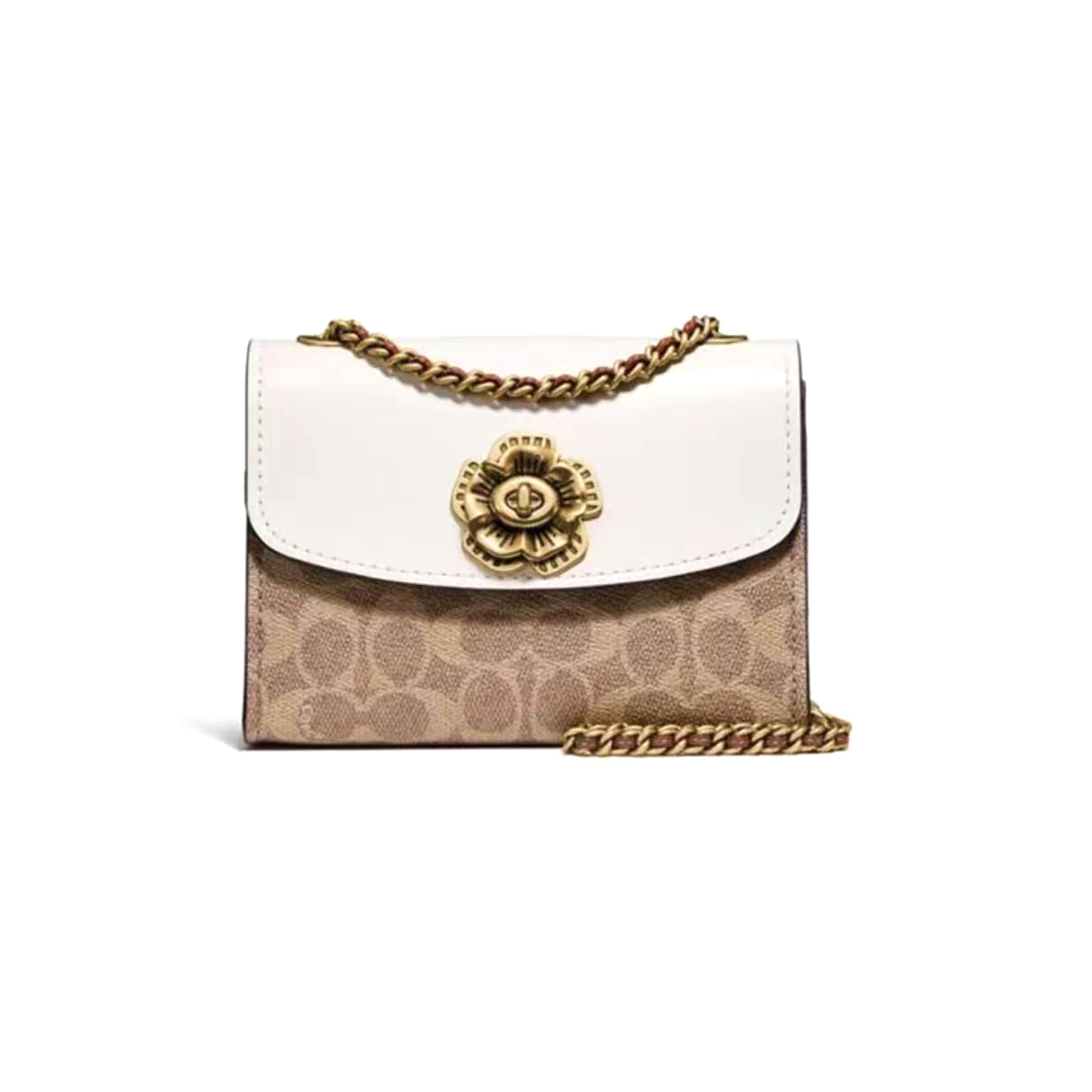 95新 COACH/蔻驰 焦糖色老花小号山茶花链条包/HMA122/18X14X7