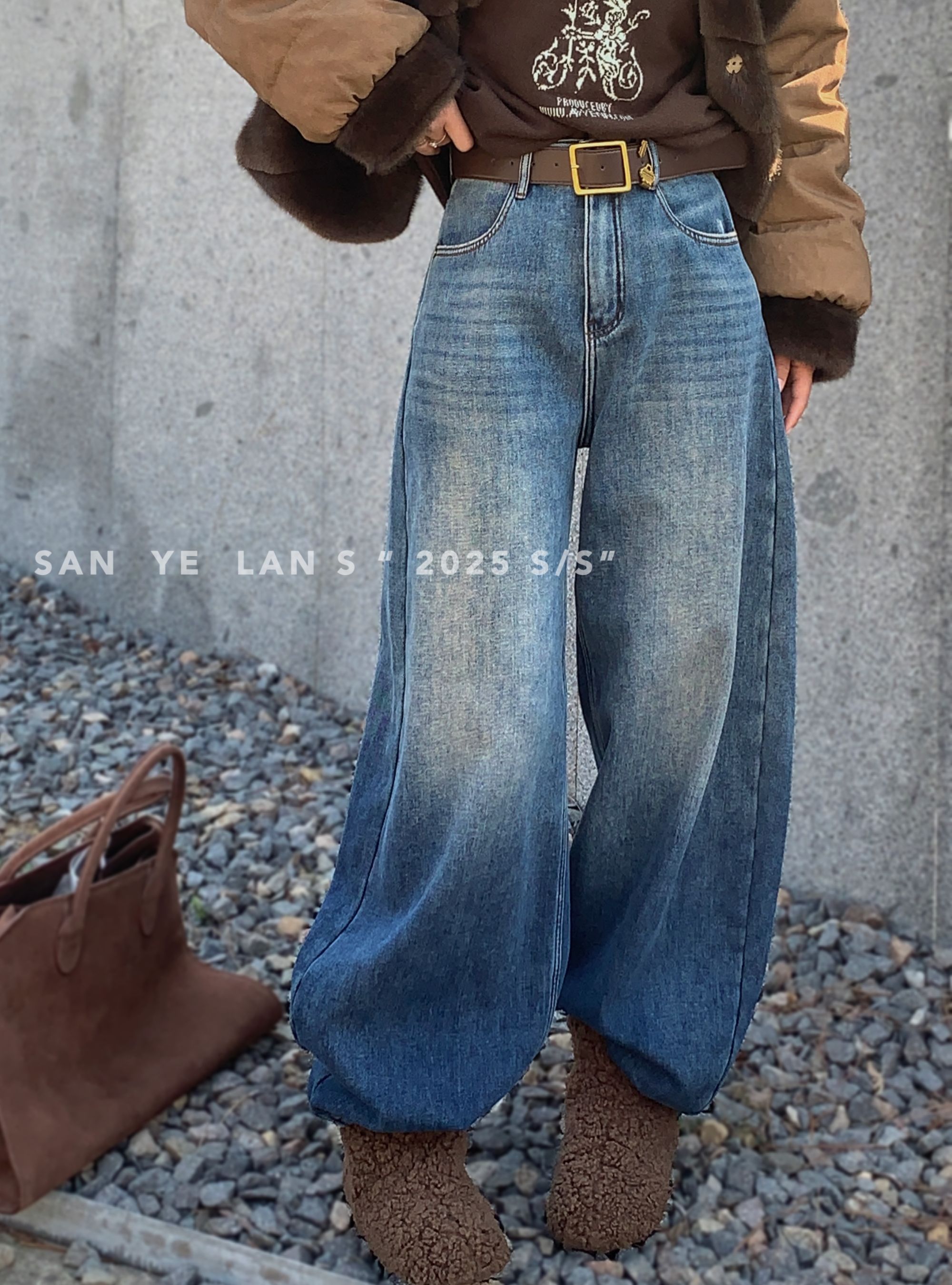 SYL2025冬季新款宽松休闲设计感裤脚压褶弯刀牛仔裤11186
