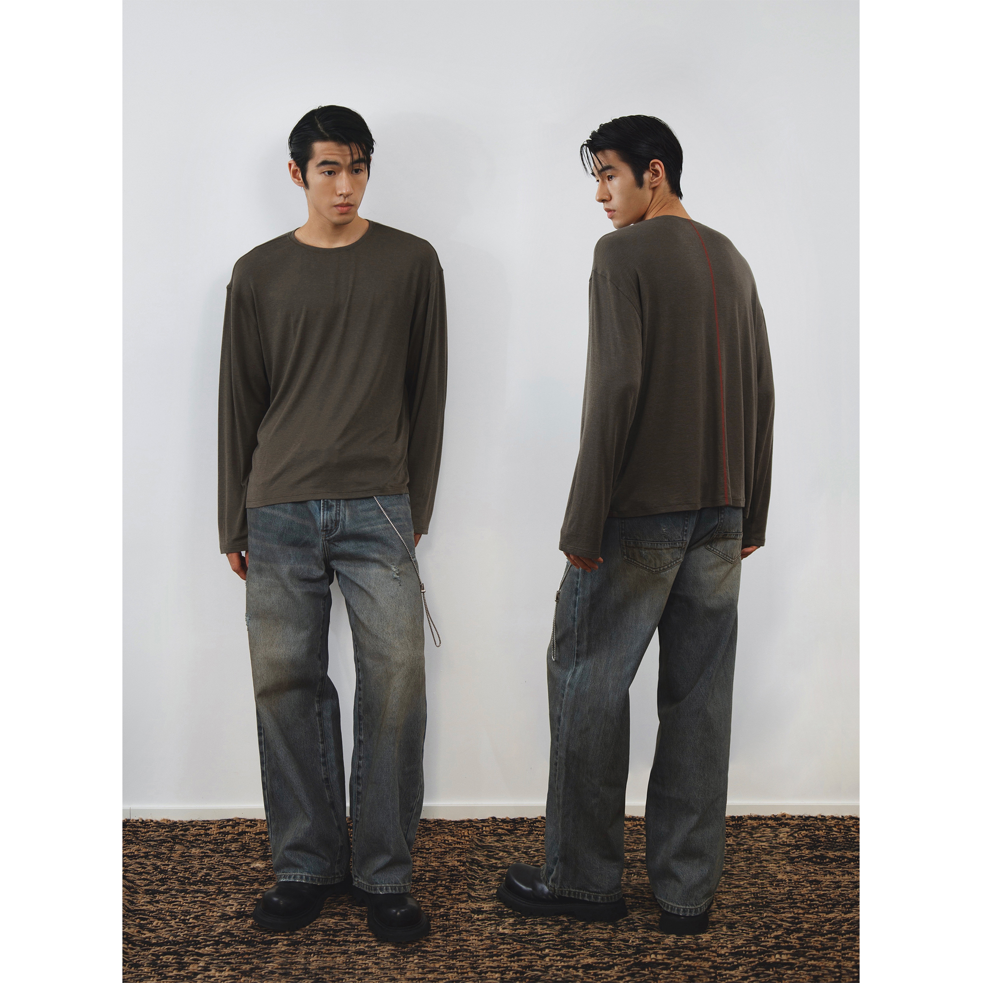 weave 悠闲假期 白色/军绿圆领透气针织轻盈长袖宽松T恤上衣