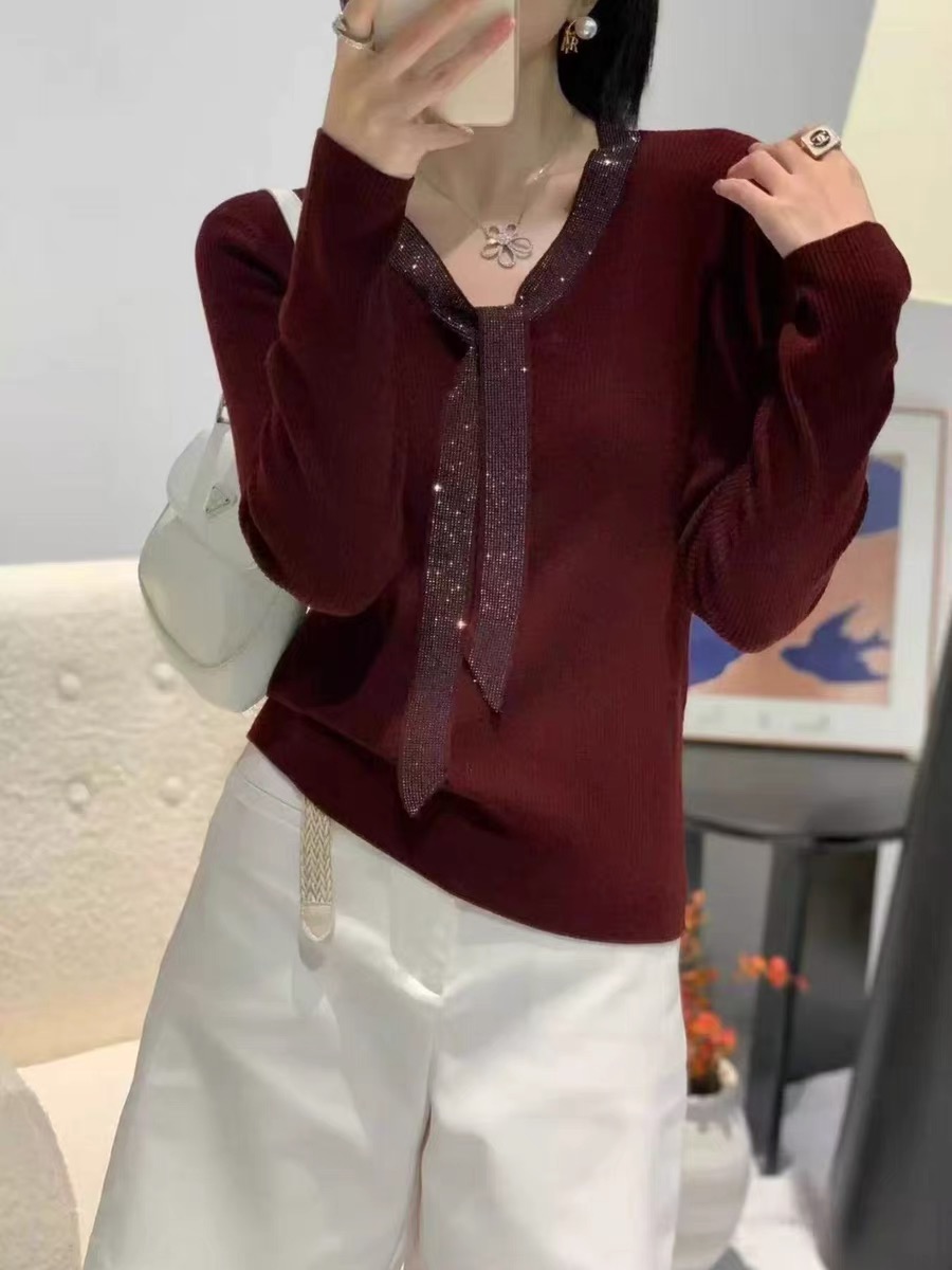 欧货桑蚕丝羊毛2025秋装新款压钻飘带V领修身打底衫上衣韩版女装