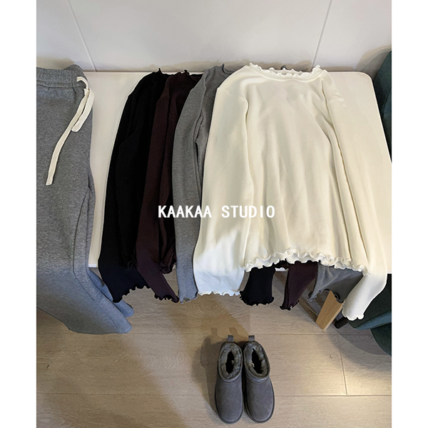 REKAYYAT“律动”韩系简约通勤百搭时尚洋气立领木耳边加绒打底衫