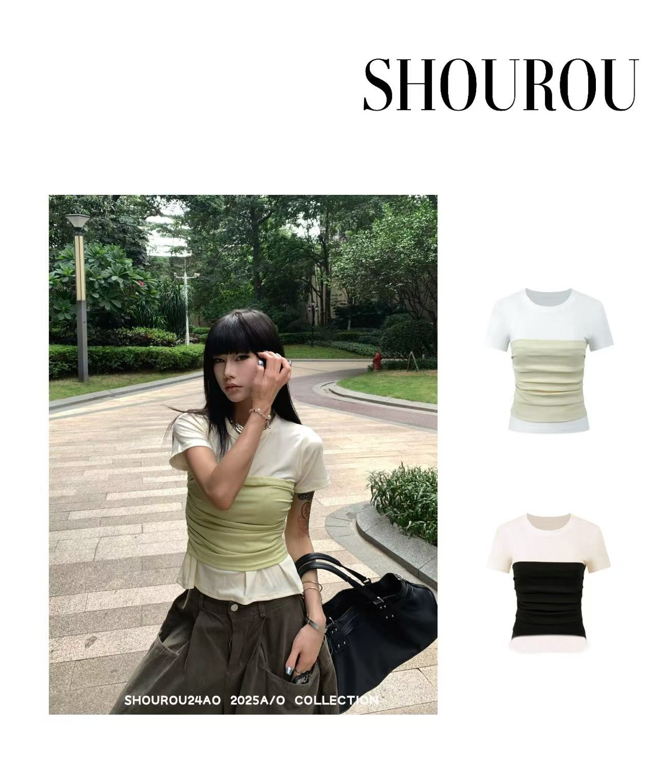 【福利NO退NO换】【撞色叠加】莱赛尔两件式拼接撞色修身显瘦短袖上衣