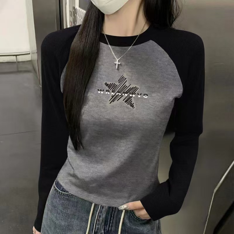 2025女士长袖早秋女士撞色拼接修身印花插肩袖秋冬