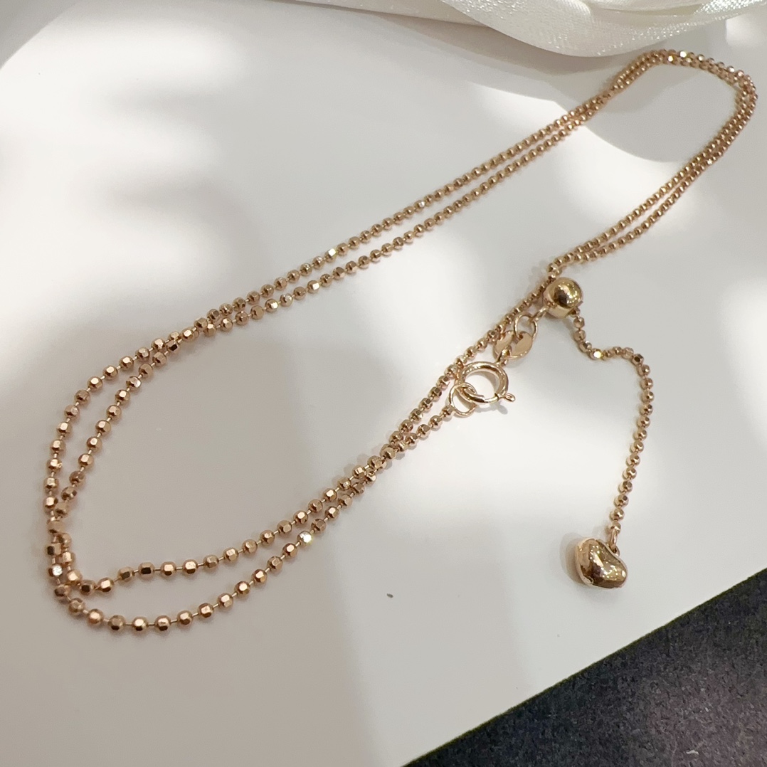 18K金素金链子  桃心抽拉 珠珠链  长50cm