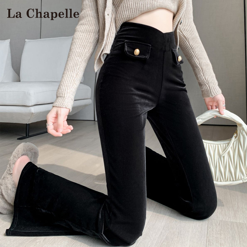 拉夏贝尔黑色丝绒微喇裤女秋冬2025新款加绒高腰宽松休闲喇叭裤