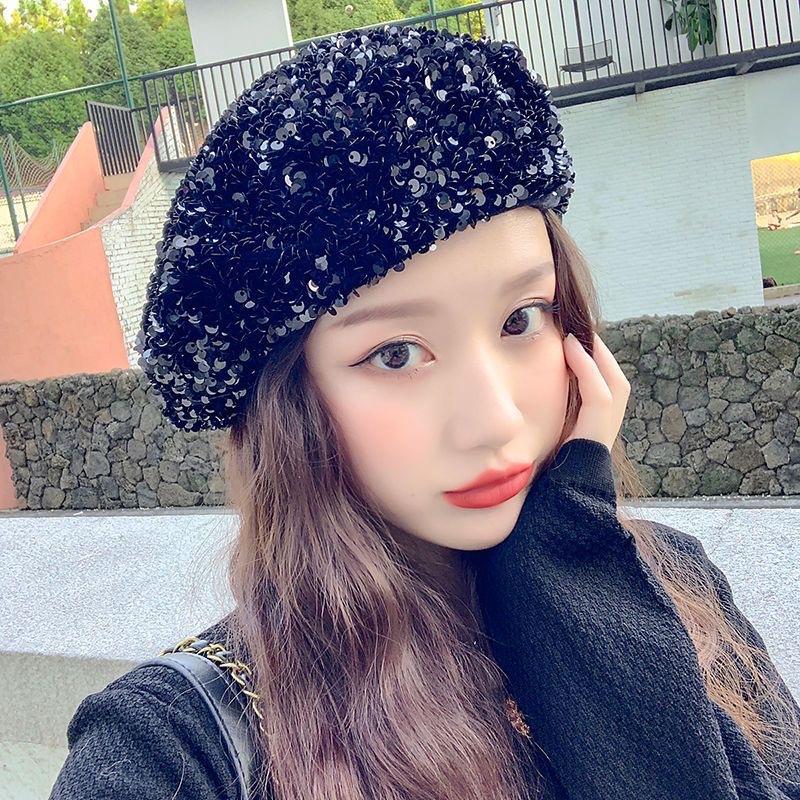 闪闪亮片贝雷春秋冬帽子女潮流大牌画家帽韩版百搭蓓蕾帽彩色时尚