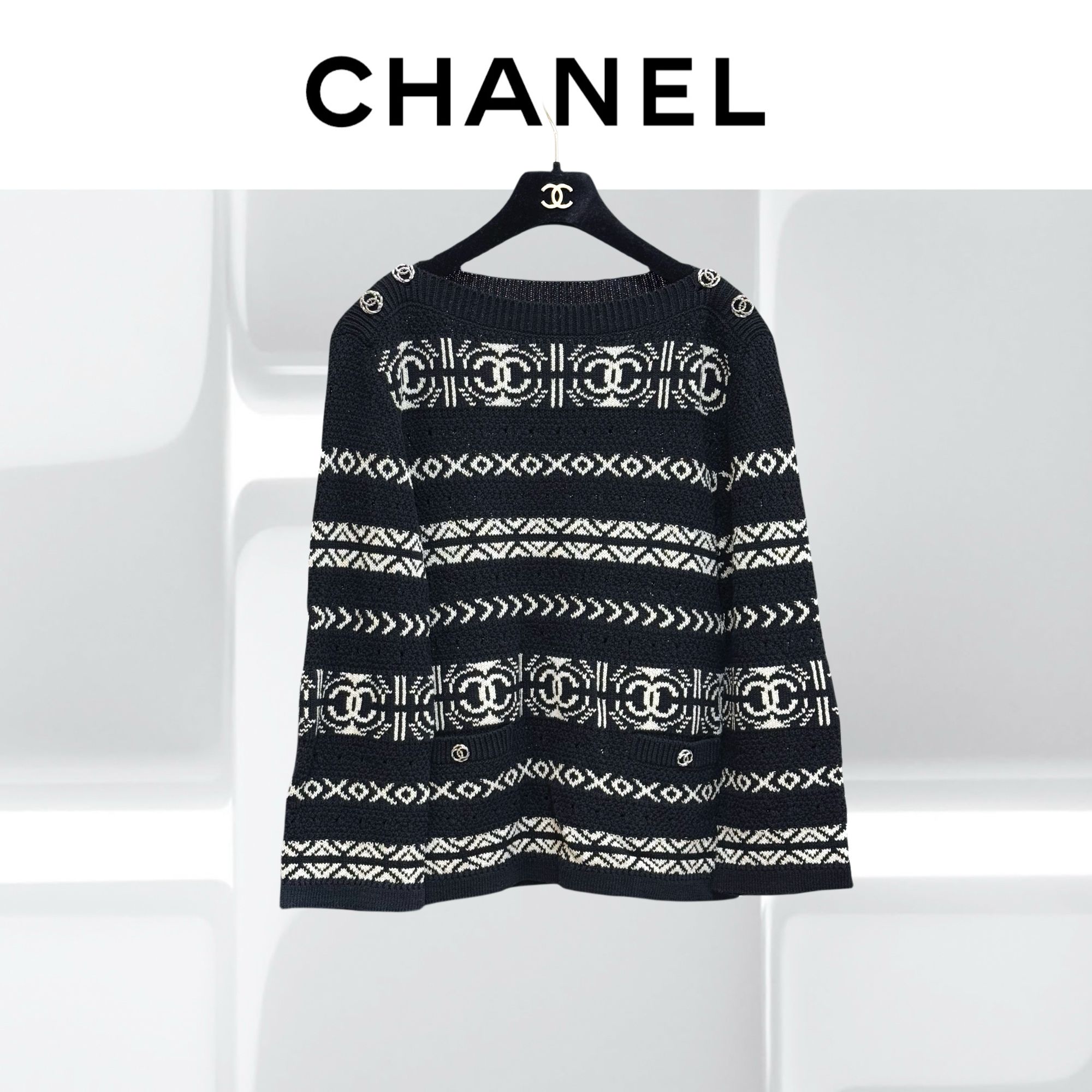 99新 Chanel/香奈儿  36码20P黑白双C镂空针织上衣