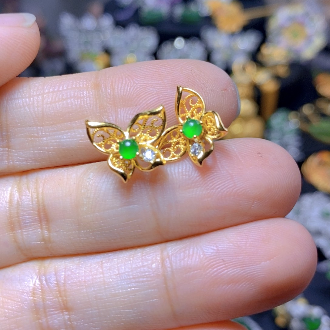 翡翠耳钉银S925镶嵌天然翡翠