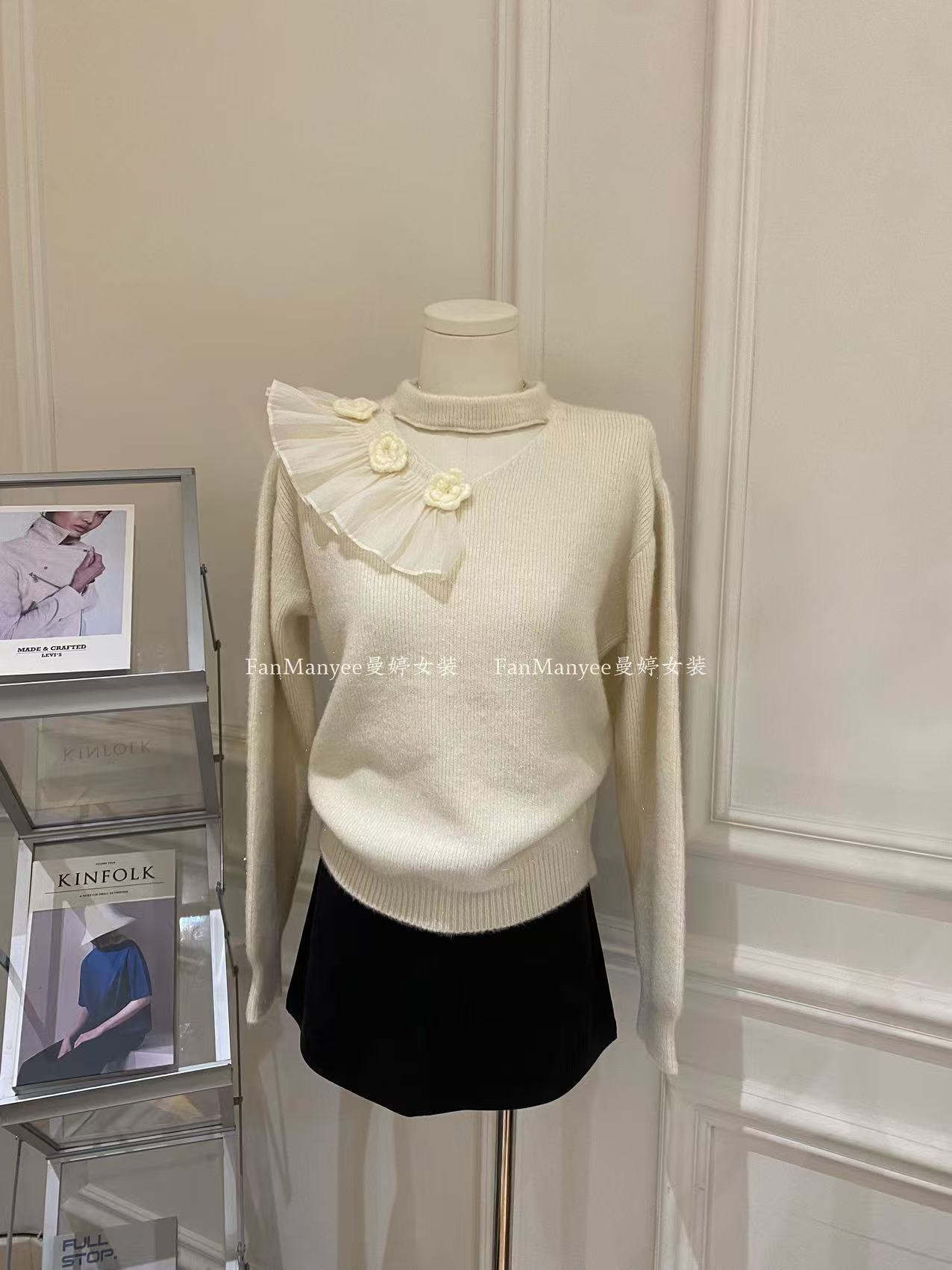 【高岭之花】秋冬韩系挂脖拼接花朵蕾丝甜美风毛衣