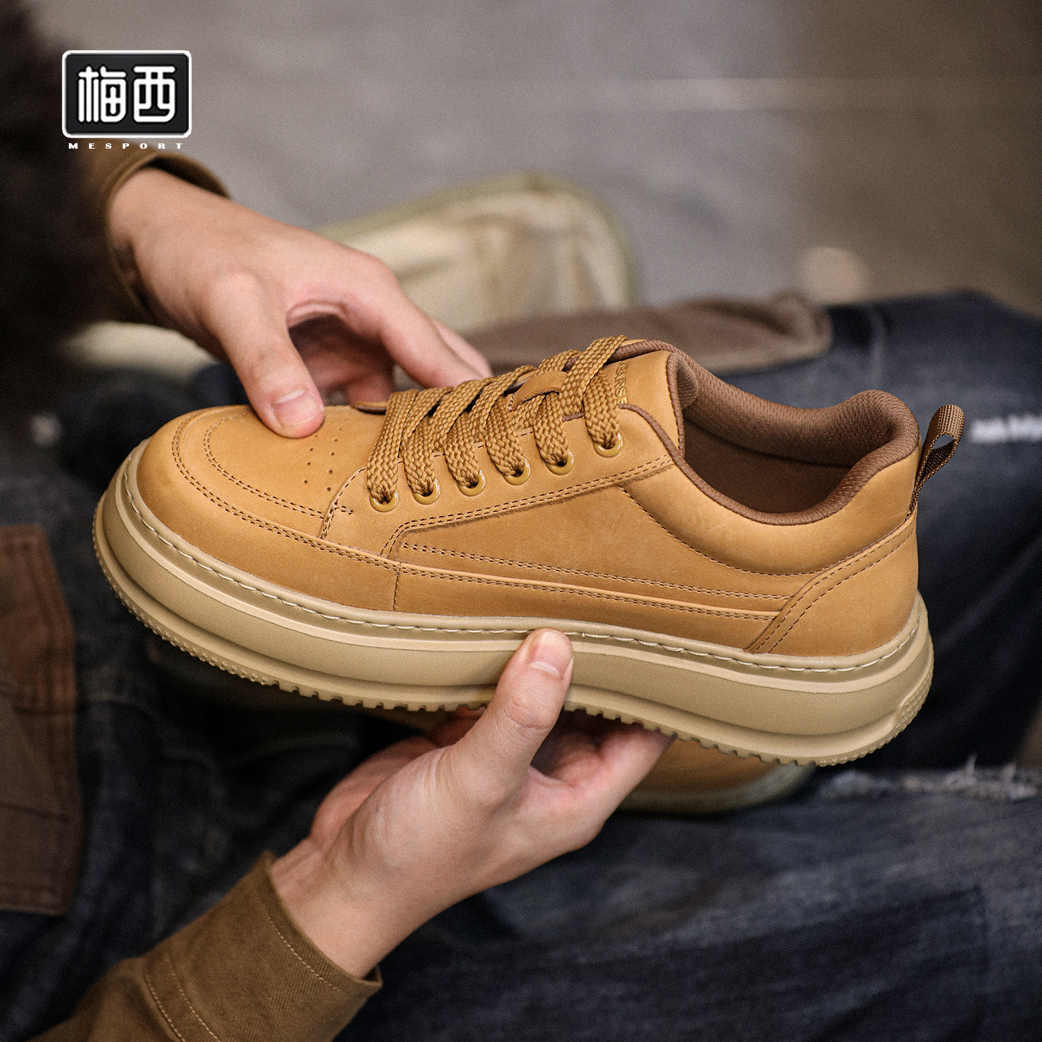 【西西里梅】头层牛皮秋季复古系带潮流低帮男士休闲板鞋YX0919