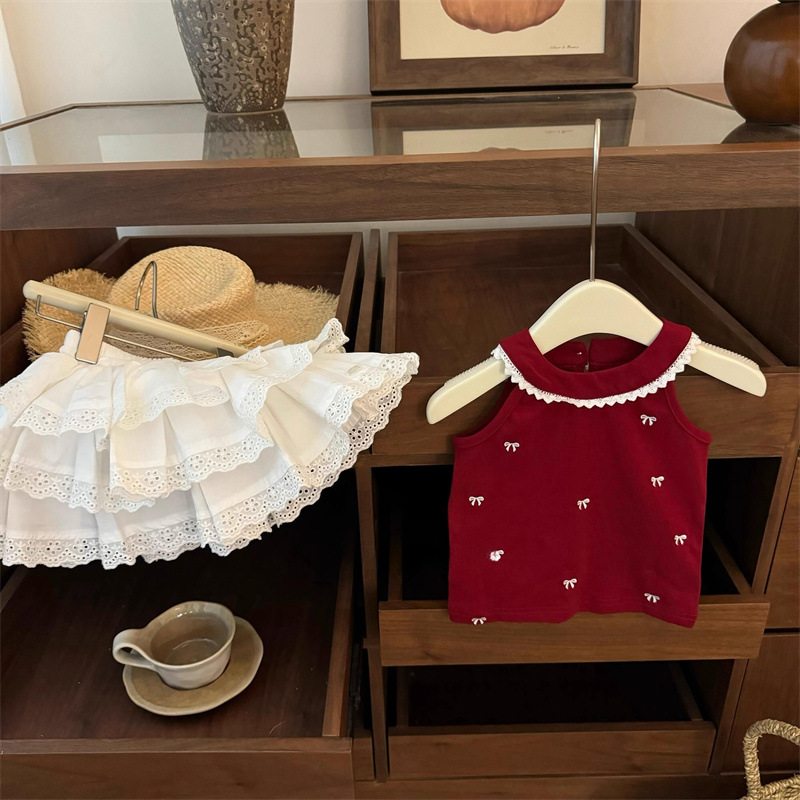 【咸柠七】芭蕾美学！女宝宝红色蝴蝶结刺绣背心镂空蛋糕裙裤套装