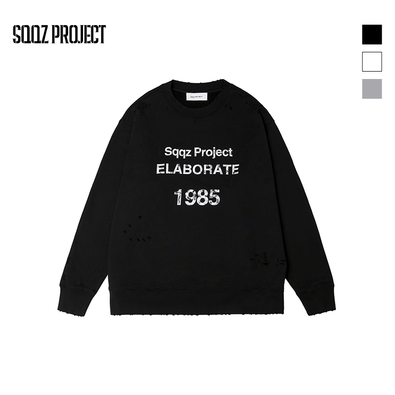 SQQZ PROJECT秋冬480G撞色印花水洗破洞套头卫衣情侣鸡米花工作室