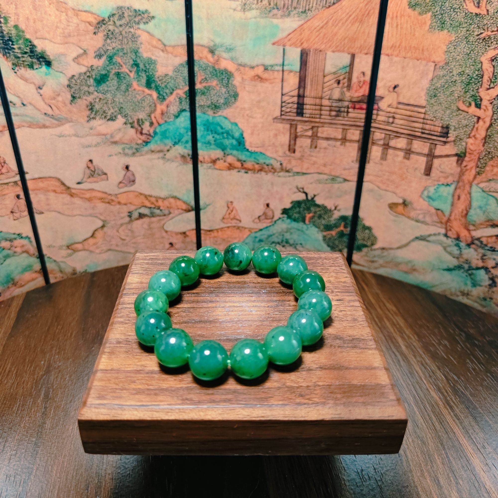 F和田玉碧玉圆珠手串（卡12）2351