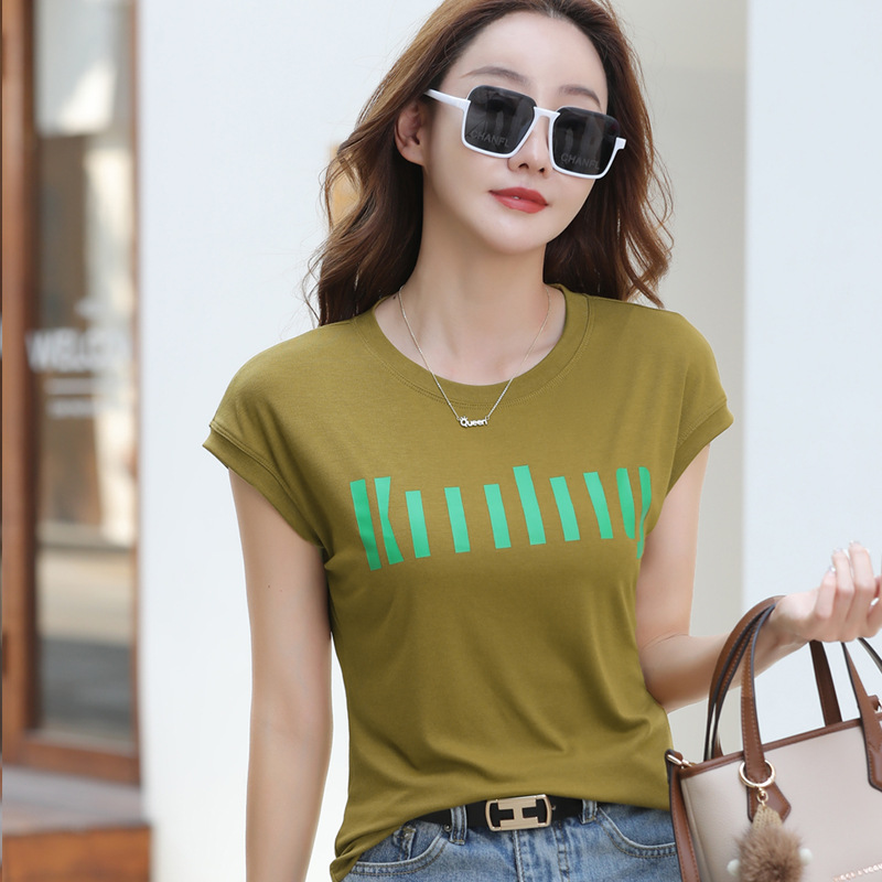 女款圆领t恤短袖t恤欧货夏季显瘦字母印花百搭简约宽松上衣圆领薄