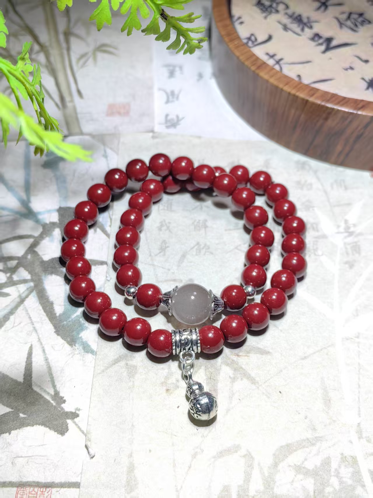 含辰砂工艺品白珠~葫芦~双圈手串【无礼盒】1002