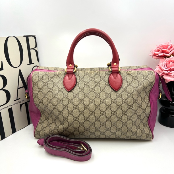 95新 GUCCI/古驰 8684/紫红拼老花手提斜挎枕头包