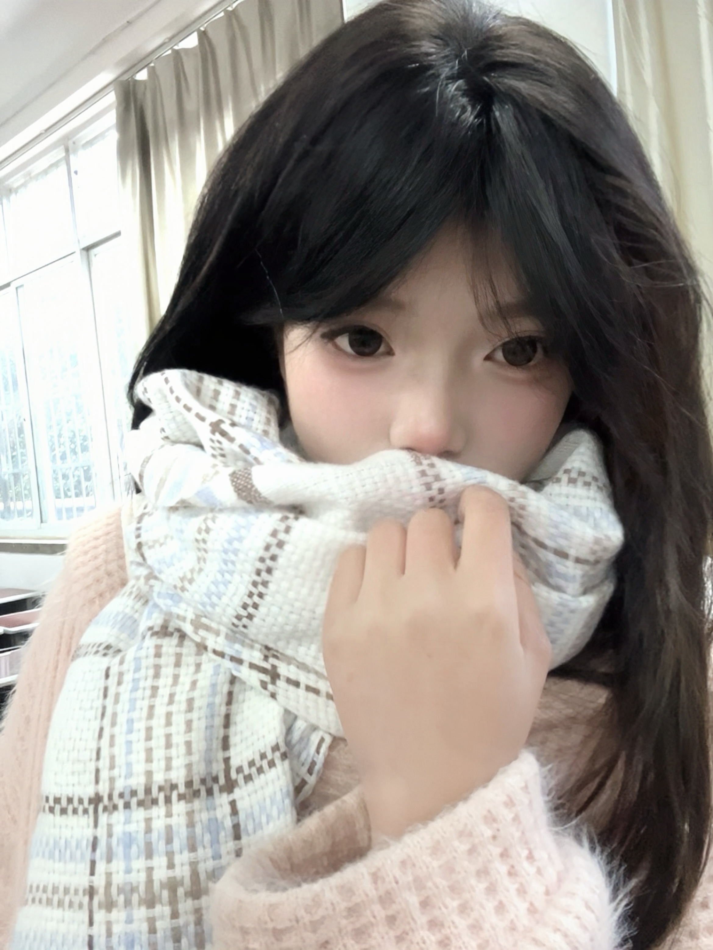 樱花兔~秋冬季韩版百搭围巾日系格子女学生保暖格纹披肩2024围脖