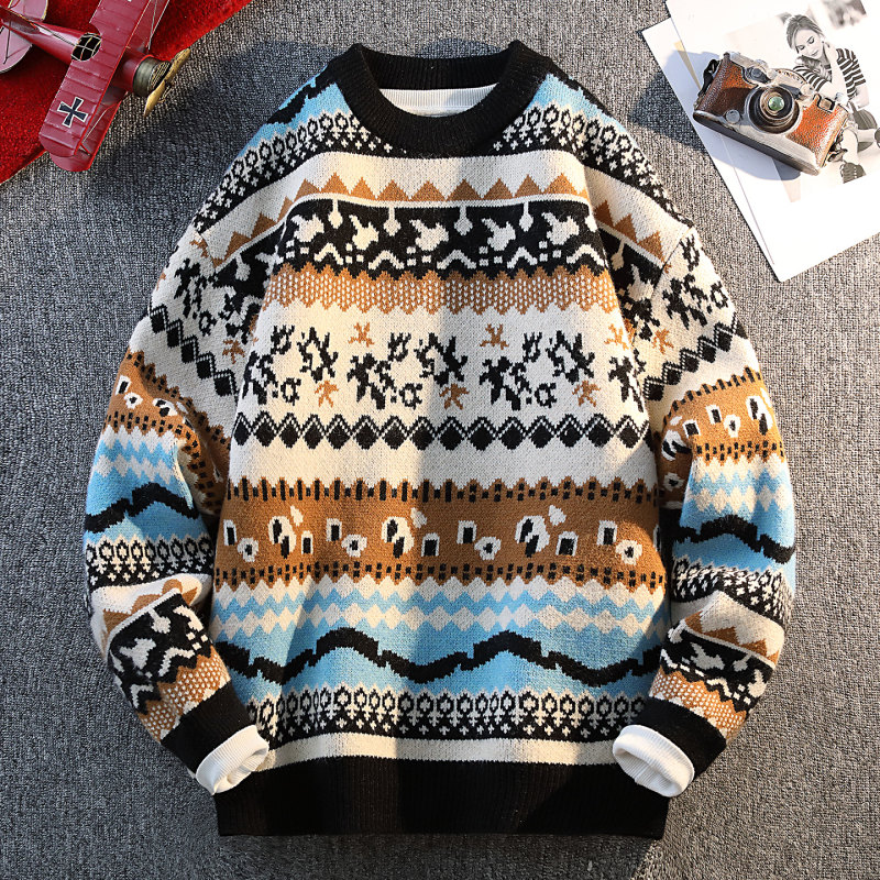 冬季秋冬针织衫男士撞色印花毛衣厚款提花常规款Y1755