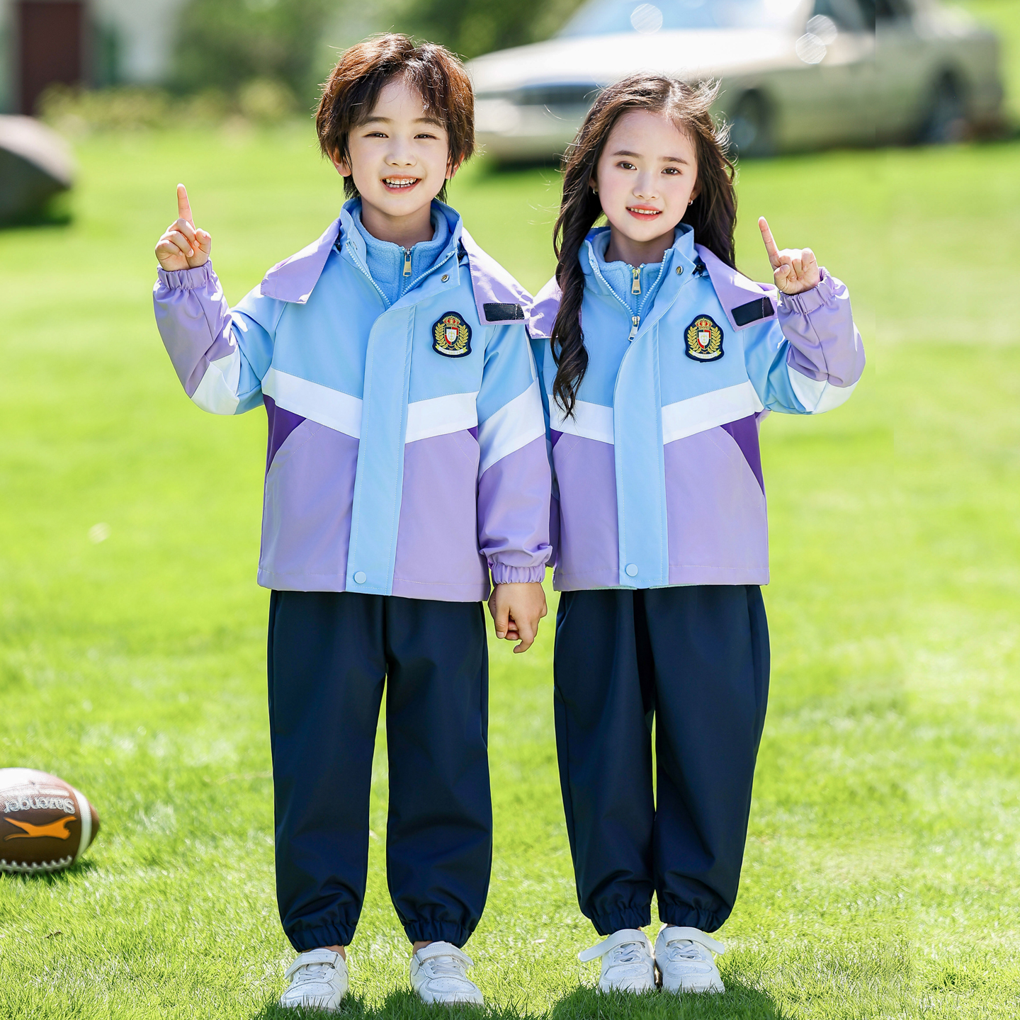 小学生班服套装秋冬装冲锋衣三件套幼儿园园服春秋季儿童校服蓝紫