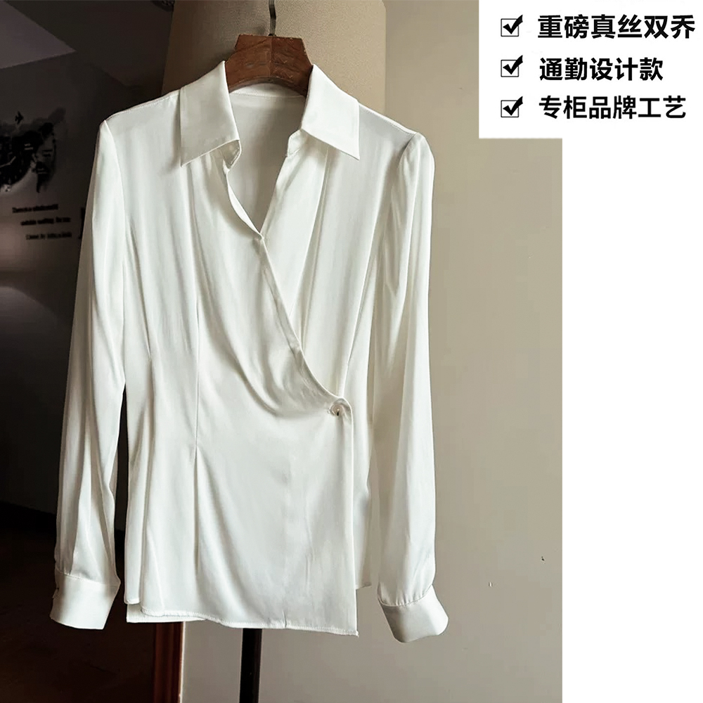 重磅真丝双乔简约法式V领收腰荷叶边桑蚕丝衬衫上衣ZKA12白色