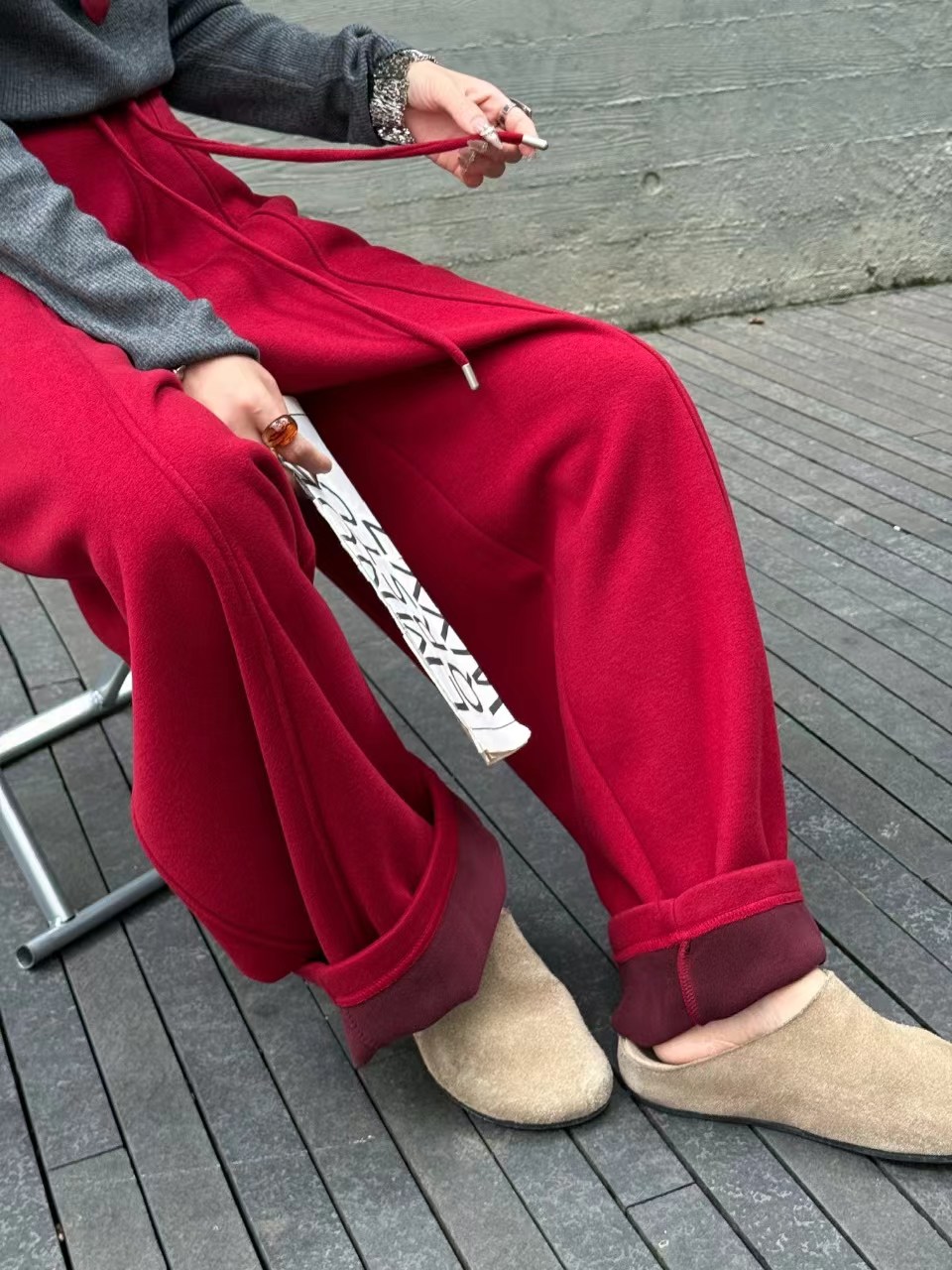 阔腿裤长裤透气冬季休闲 运动裤抽绳高腰宽松